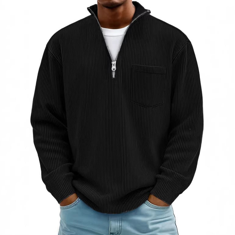 Herren Rippstrickpullover mit kurzem Reißverschluss und Brusttasche EB