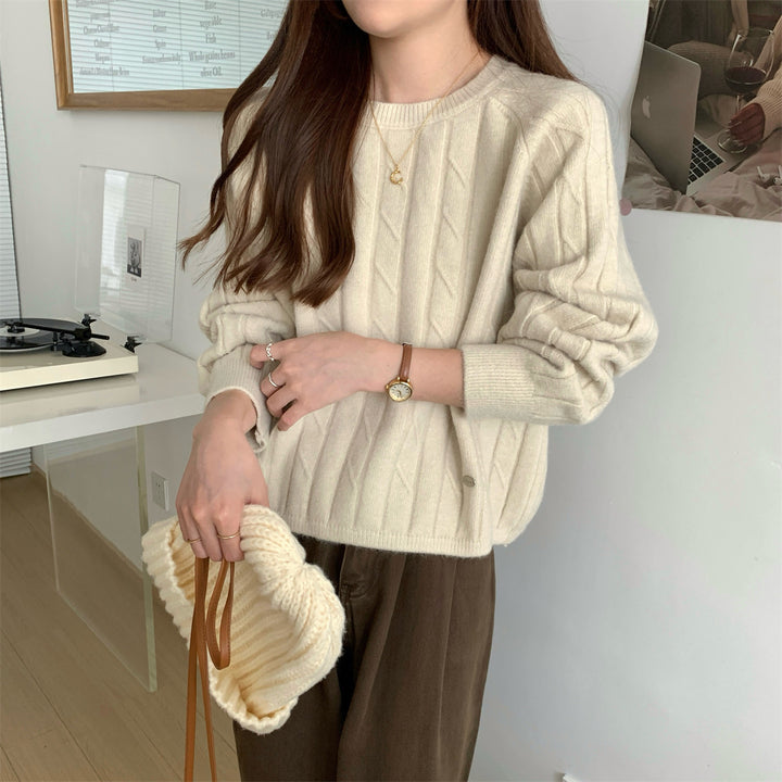 Damen lässiger Strickpullover mit Waffelmuster und weitem Schnitt Drune