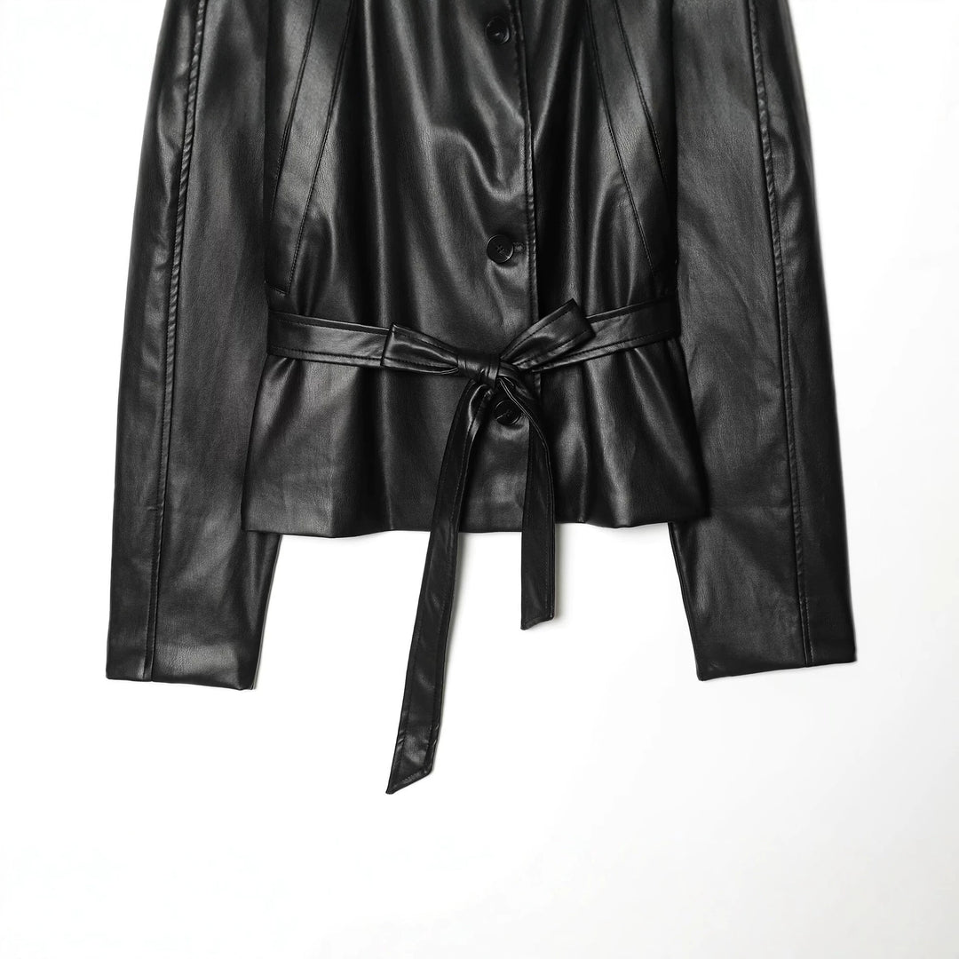 Damen Kurz-Trenchcoat aus Lederoptik mit Taillengürtel Drune