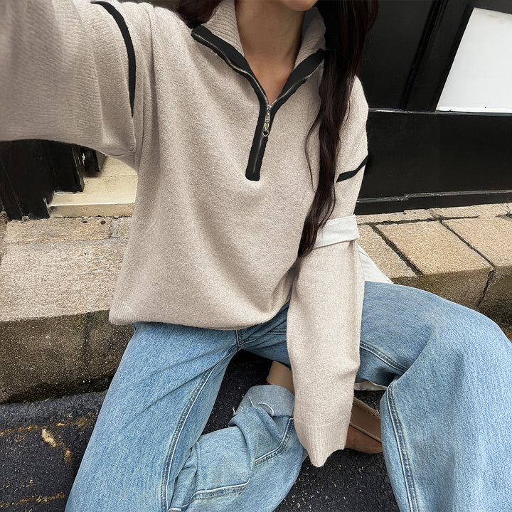Damen nan oversized Strickpullover mit halbem Reißverschluss, Kontrastpaspeln und überschnittener Schulter Drune