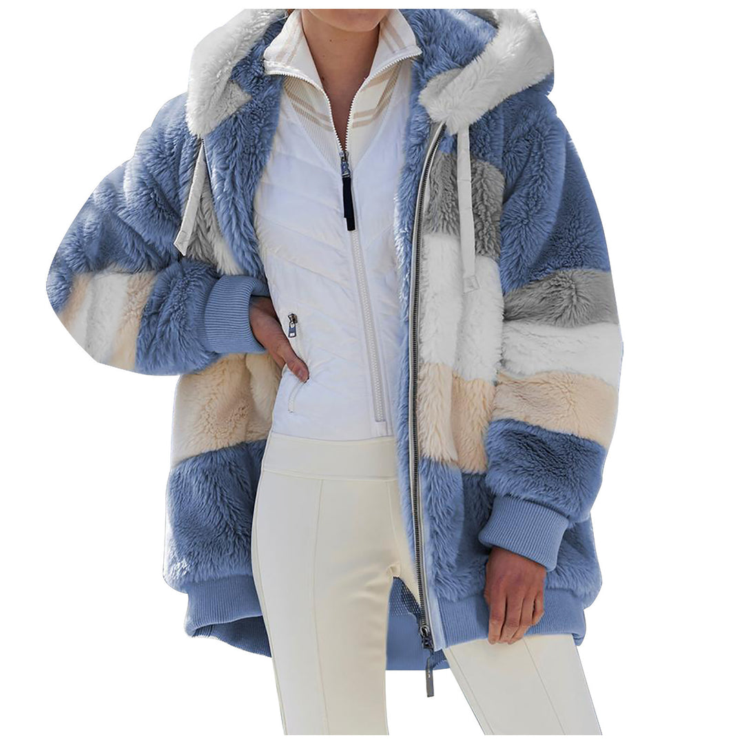 Damen nan oversized gefütterte Kunstfelljacke mit Kapuze, Blockstreifen und gerippten Bündchen Drune