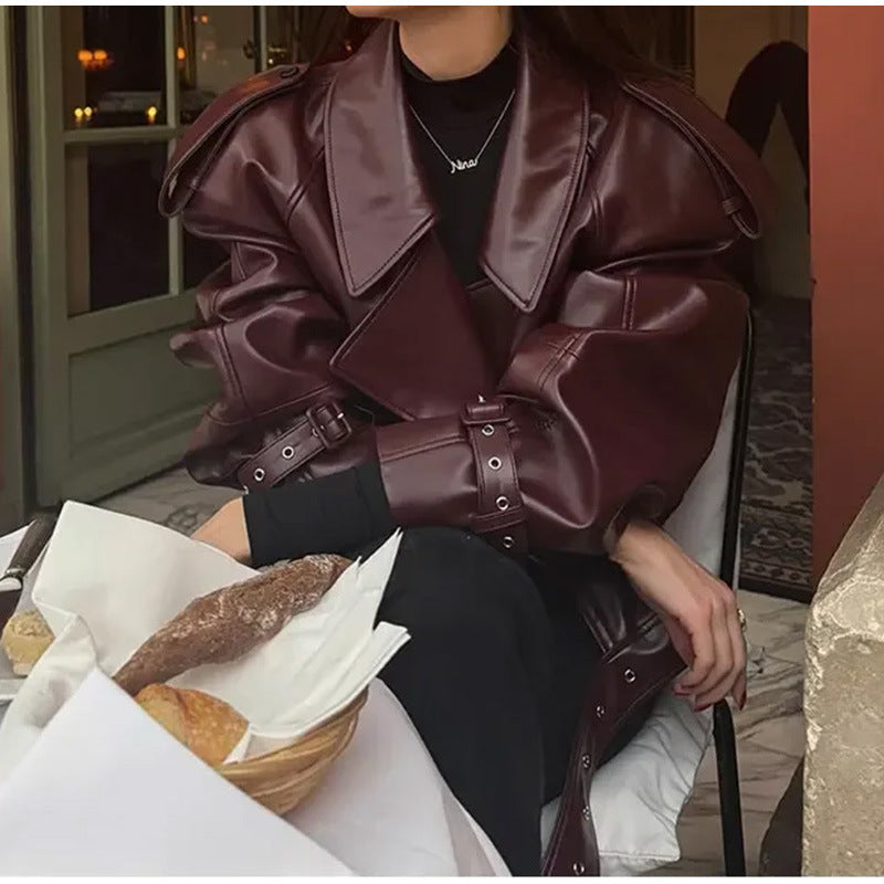 Damen Trendige Kunstlederjacke mit breiten Schultern und klassischem Kragen Drune