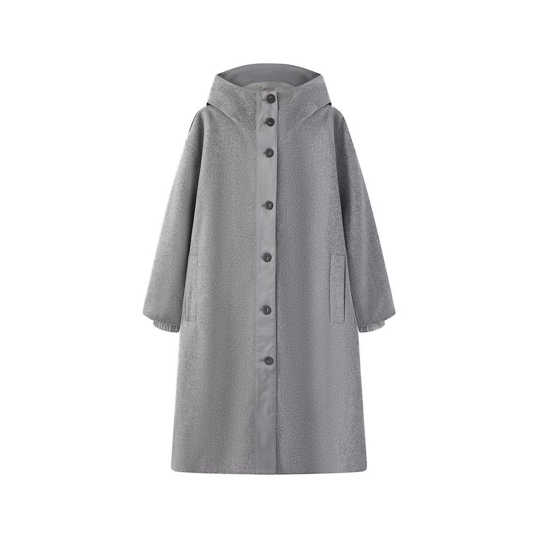 Damen Weicher Oversize Wollmix‑Mantel mit Kapuze und durchgehender Knopfleiste Drune