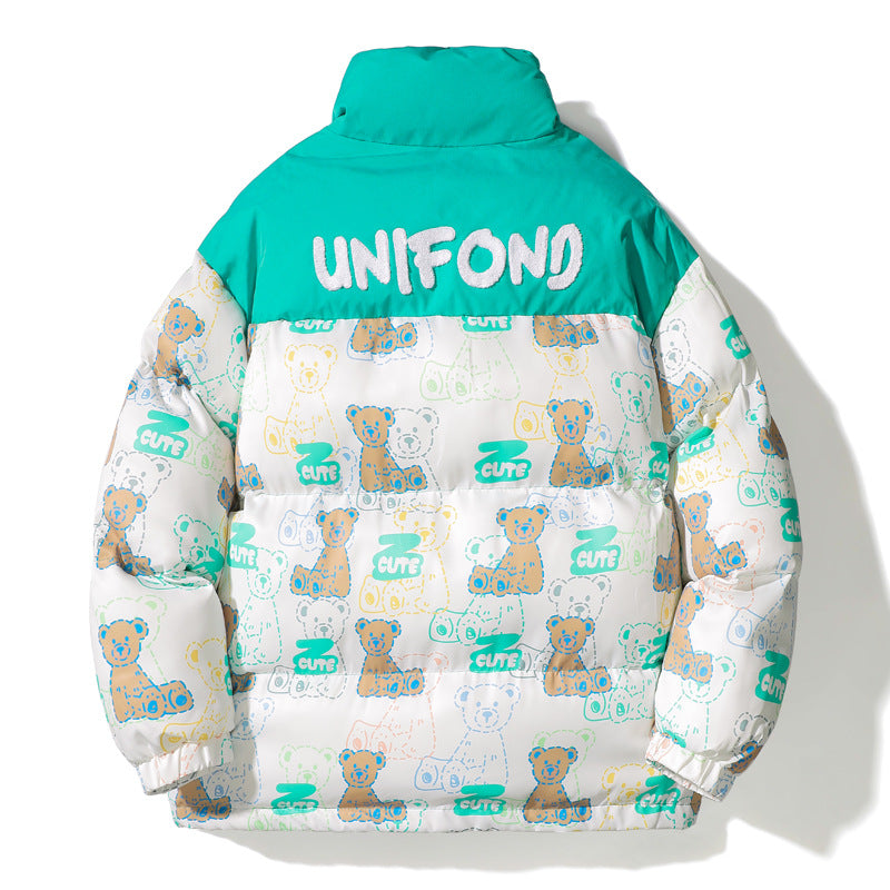 Unisex Gestepptes Teddy‑Print Pufferjacke mit hohem Kragen Drune