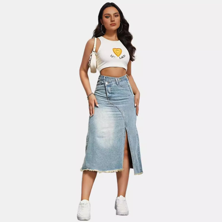 Damen nan asymmetrischer Highwaist-Denim-Midirock mit vorderlichem Schlitz und ausgefranstem Saum Drune