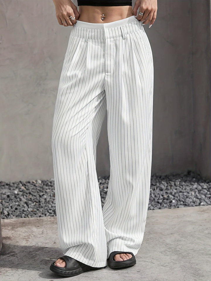 Damen Elegante Weite Hose mit Nadelstreifen und hohem Bund Drune