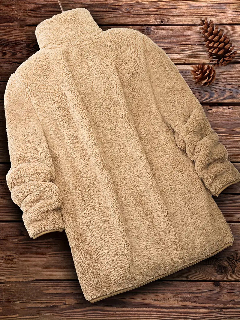 Damen Flauschige Teddyjacke mit hohem Kragen und seitlichen Taschen Drune