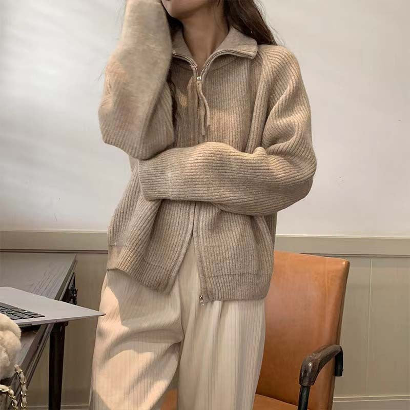 Damen lässiger Strickpullover mit halbhohem Kragen und Reißverschluss Drune