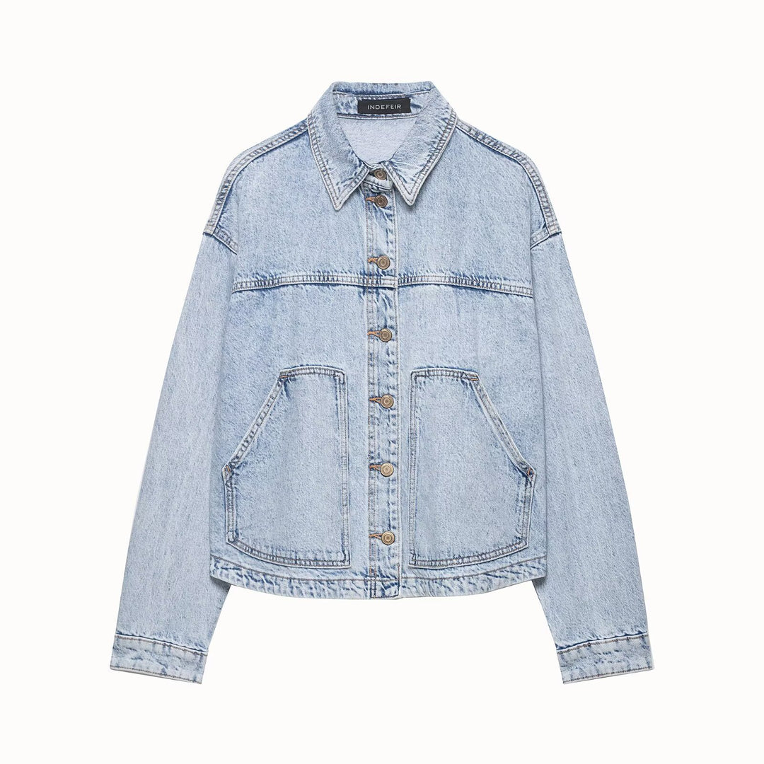Damen Boxy Cropped Denim-Workerjacke mit großen aufgesetzten Fronttaschen Drune