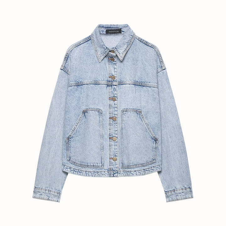 Damen Boxy Cropped Denim-Workerjacke mit großen aufgesetzten Fronttaschen Drune