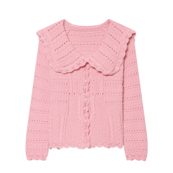 Damen Strickcardigan mit großem scallop-Kragen, Strukturmuster und Zierknopfleiste Drune