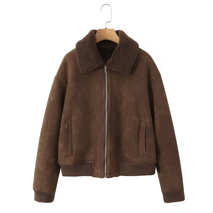 Damen Kurz geschnittene Teddy-gefütterte Wildlederoptik-Fliegerjacke mit Reißverschluss Drune