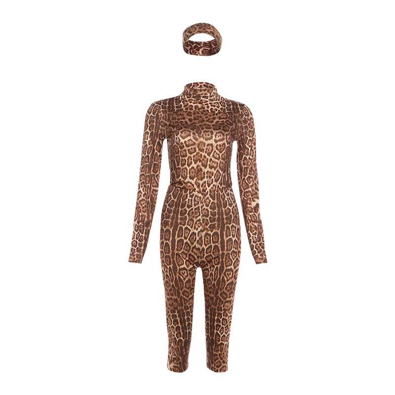 Damen Figürlicher Tiermuster-Jumpsuit mit großzügigem Stehkragen und langem Arm Drune
