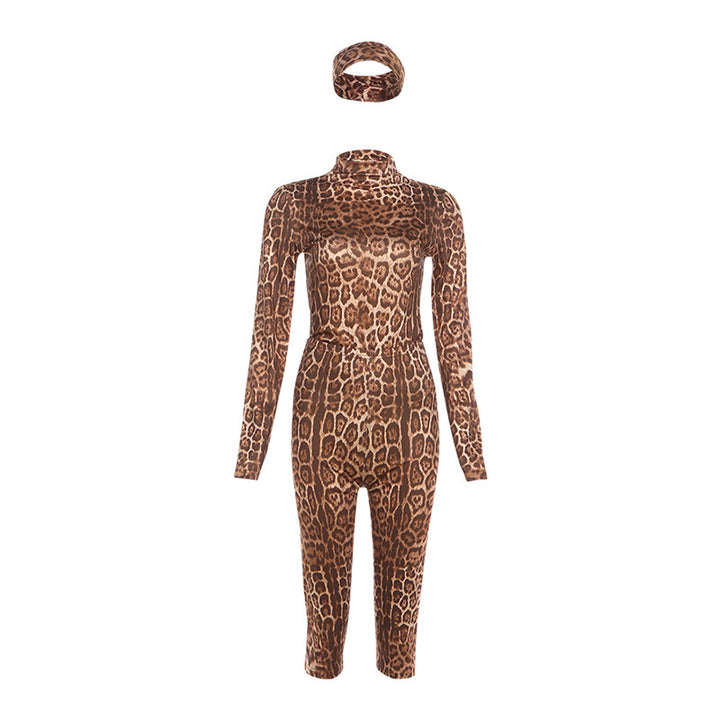 Damen Figürlicher Tiermuster-Jumpsuit mit großzügigem Stehkragen und langem Arm Drune