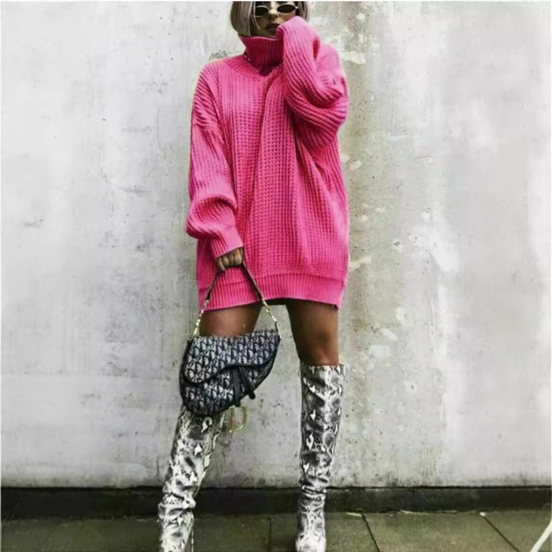 Damen Oversized Strickpullover mit hohem Kragen und Waffelmuster Drune