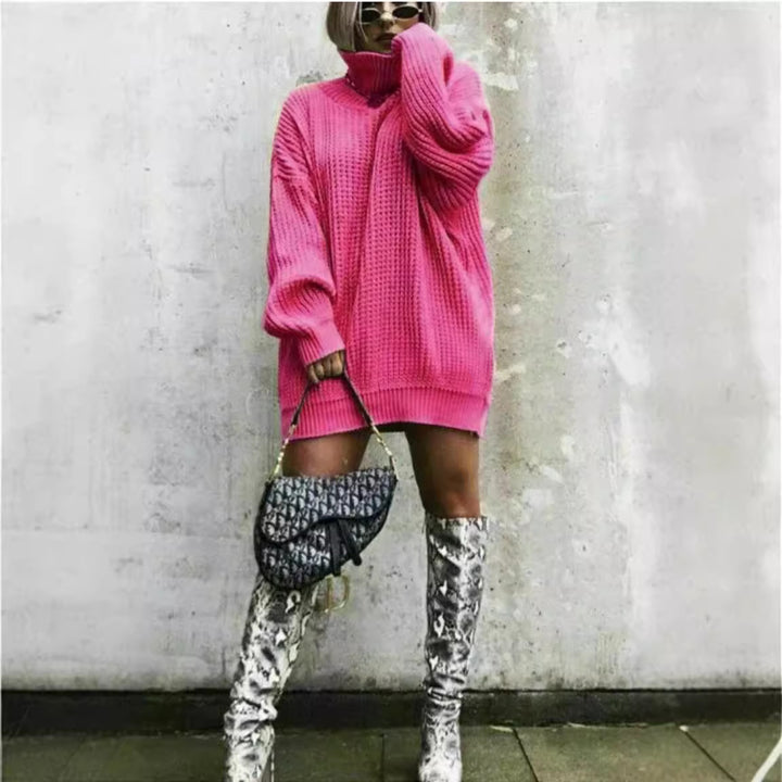Damen Oversized Strickpullover mit hohem Kragen und Waffelmuster Drune