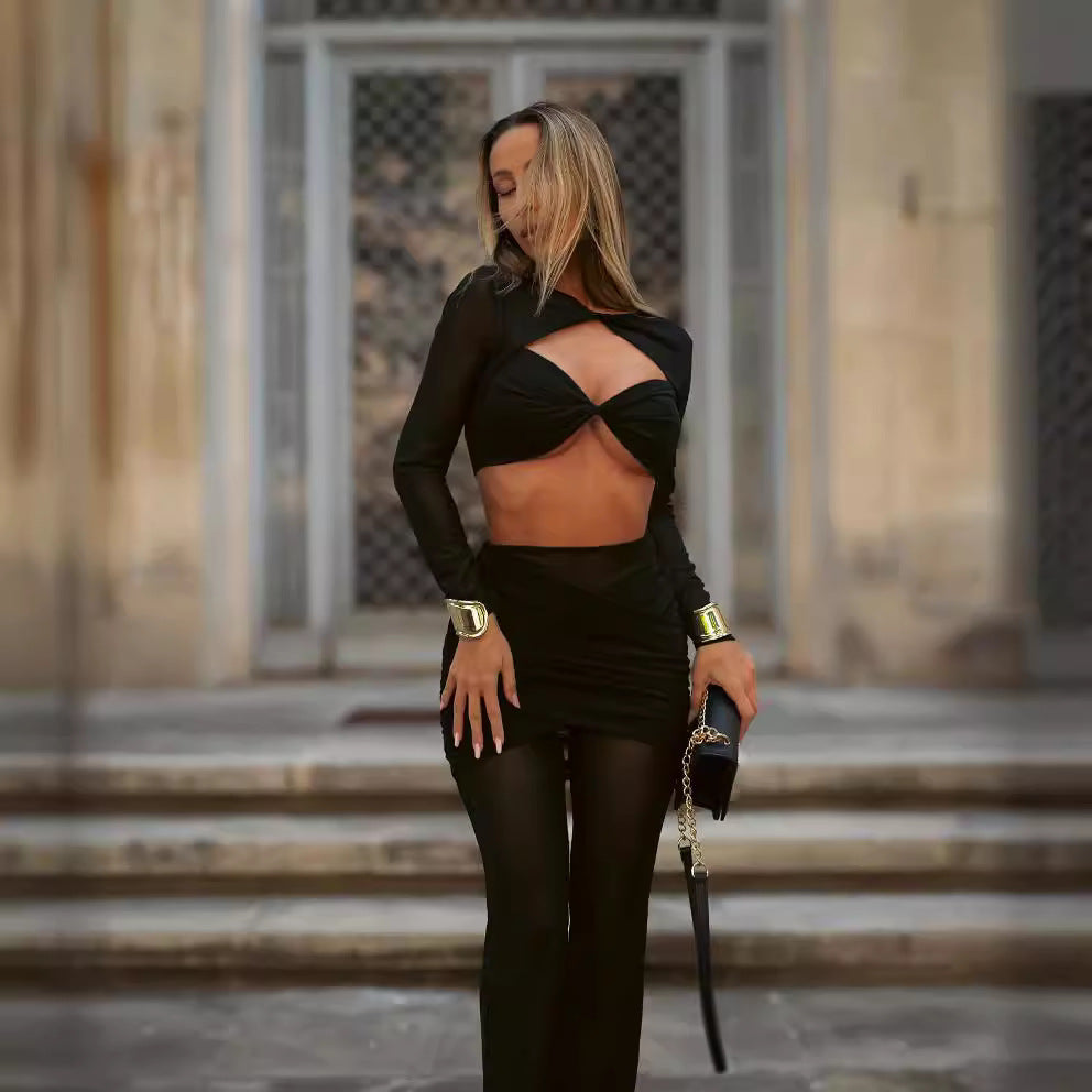 Damen elegantes Crop-Top und weit geschnittene Hose Set Drune