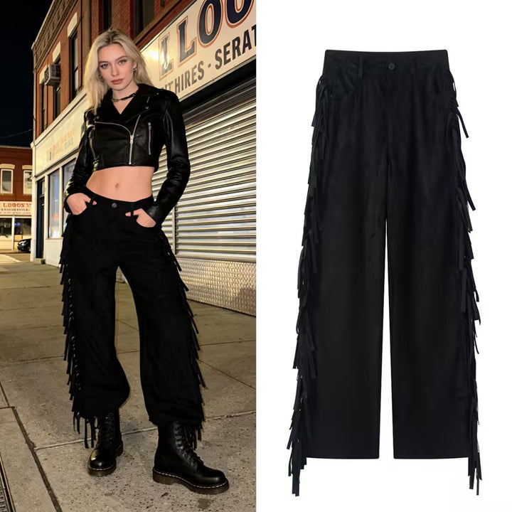 Damen Weite High‑Waist Schlaghose mit seitlichen Fransen und Wildleder‑Optik Drune
