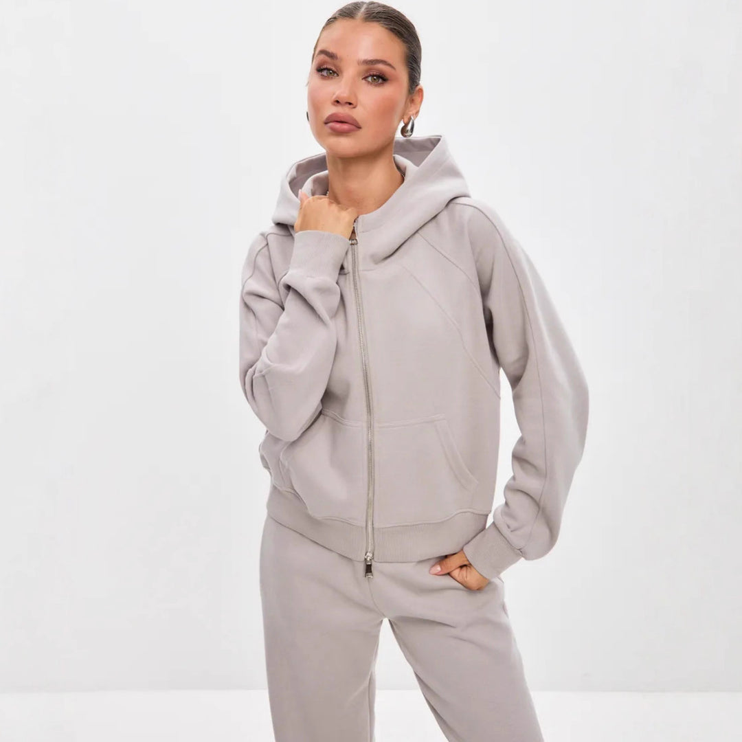 Damen entspanntes Fleece-Zweiteiler Set mit Raglan-Kapuzenjacke, durchgehendem Reißverschluss und gerader Relax-Jogginghose Drune