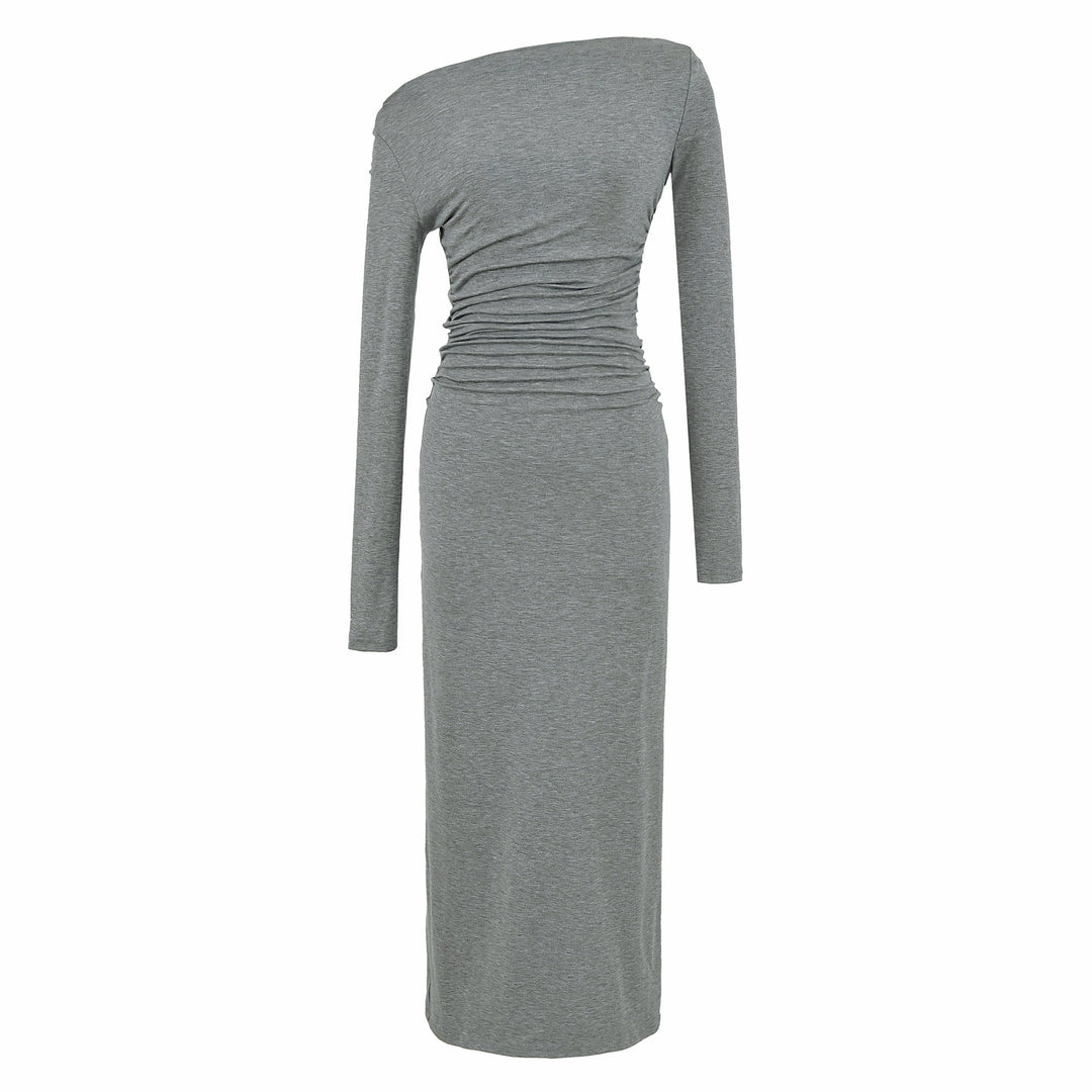 Damen Einschulter-Midikleid mit Langarm und seitlicher Raffung Drune