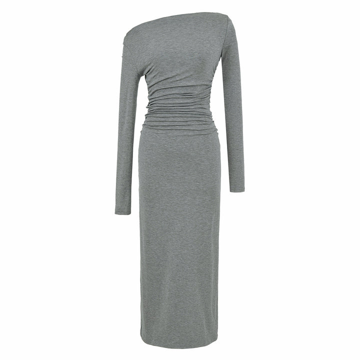 Damen Einschulter-Midikleid mit Langarm und seitlicher Raffung Drune