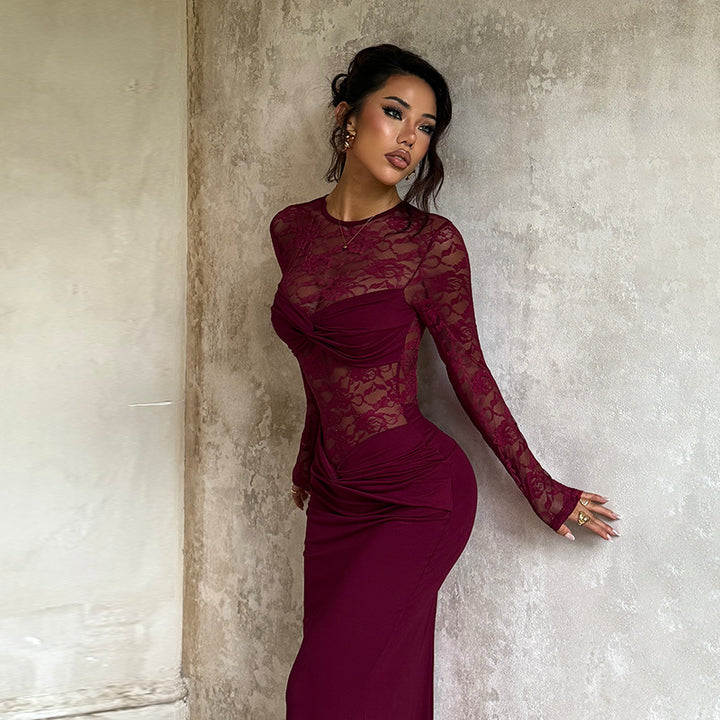 Damen elegantes Langarmkleid mit Spitzenoberteil und figurbetontem Schnitt Drune