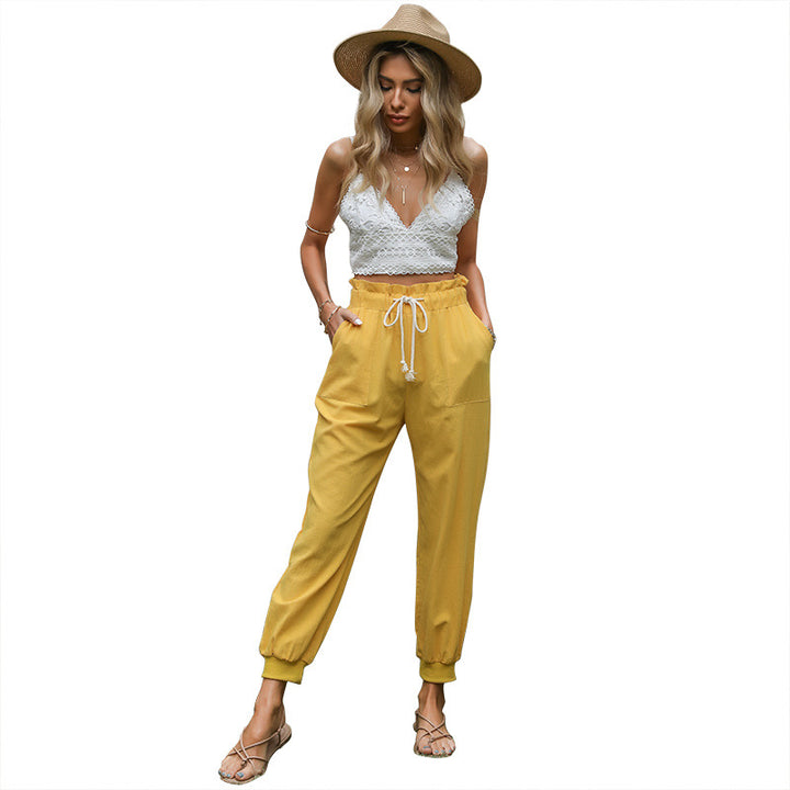 Damen Leichte Paperbag-Joggerhose mit Kordelzug, hohen Bundfalten und elastischen Bündchen Drune