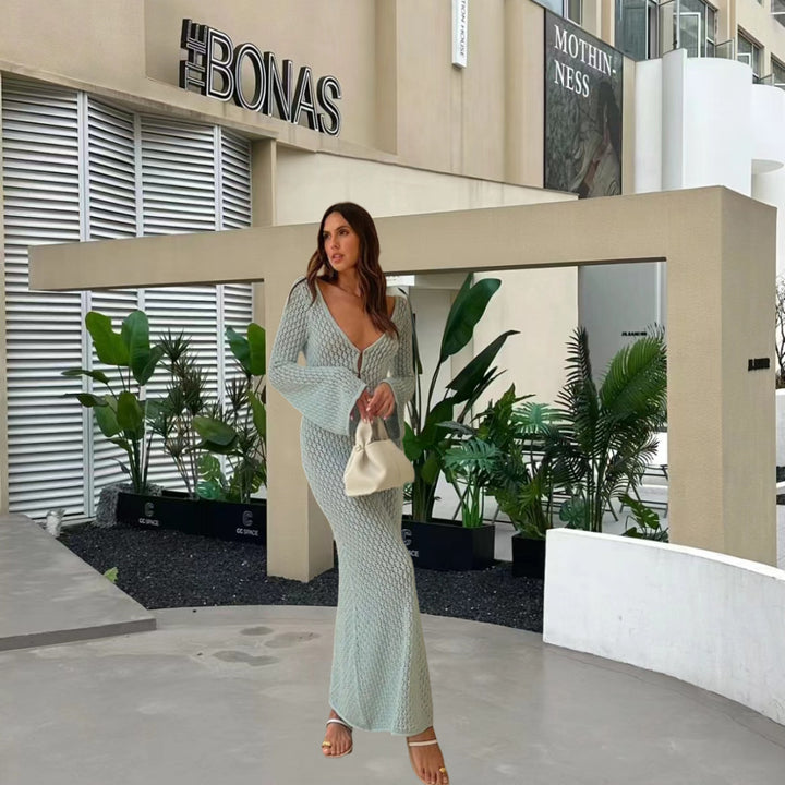 Damen Strickmaxikleid mit tiefem V-Ausschnitt und dekorativem Schlüsselbund Drune