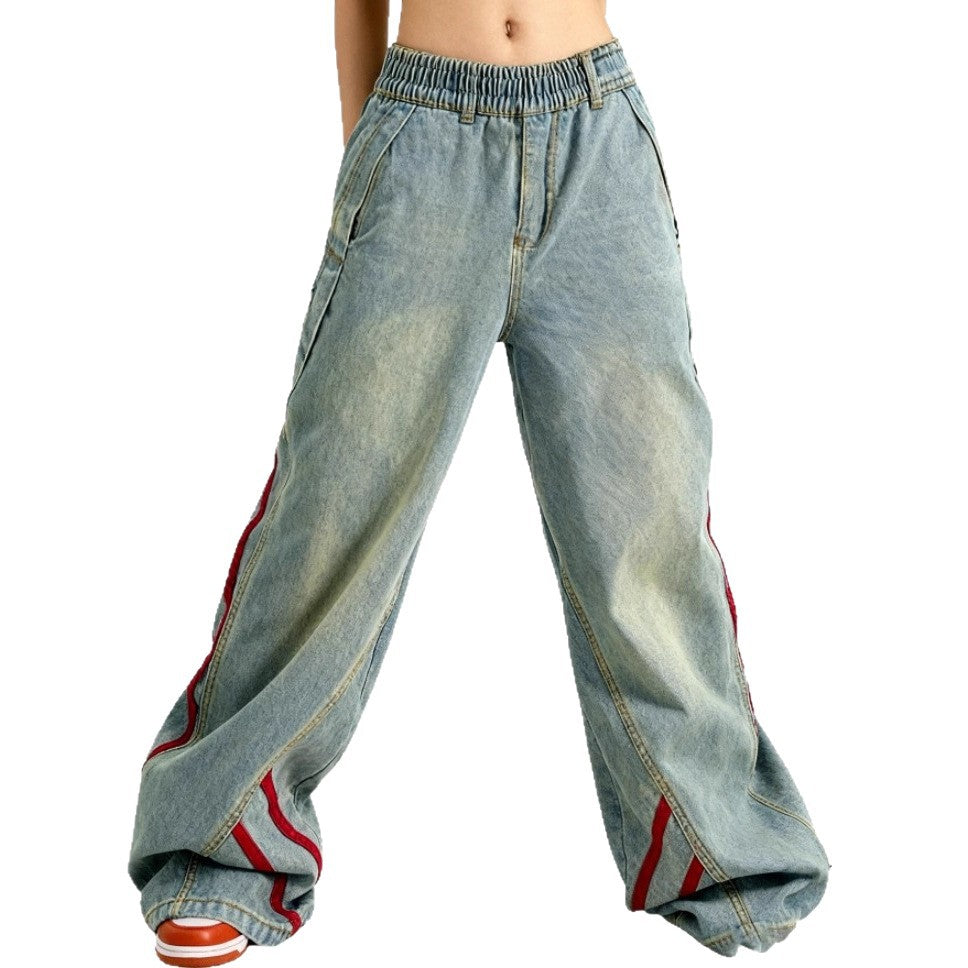 Damen tiefsitzende extraweite Baggy-Jeans aus Vintage-Denim mit seitlichen Tape-Streifen Drune