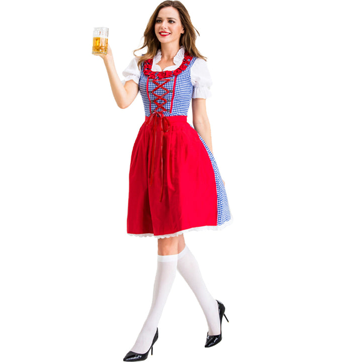 Damen nan Karo-Dirndl mit geschnürter Miederfront, Rüschenkragen und taillierter Schürze Drune