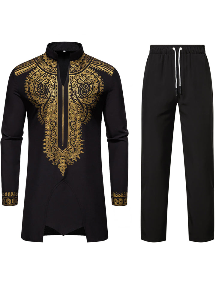 Herren Traditionelles besticktes Tunika‑Set mit Mandarinkragen und elastischer Hose Drune