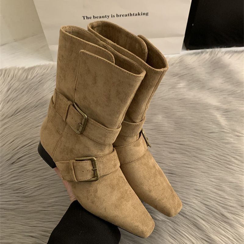 Damen Mittelhohe Wildlederoptik-Stiefelette mit quadratischer Spitze, verstellbaren Schnallenriemen und flachem Blockabsatz Drune