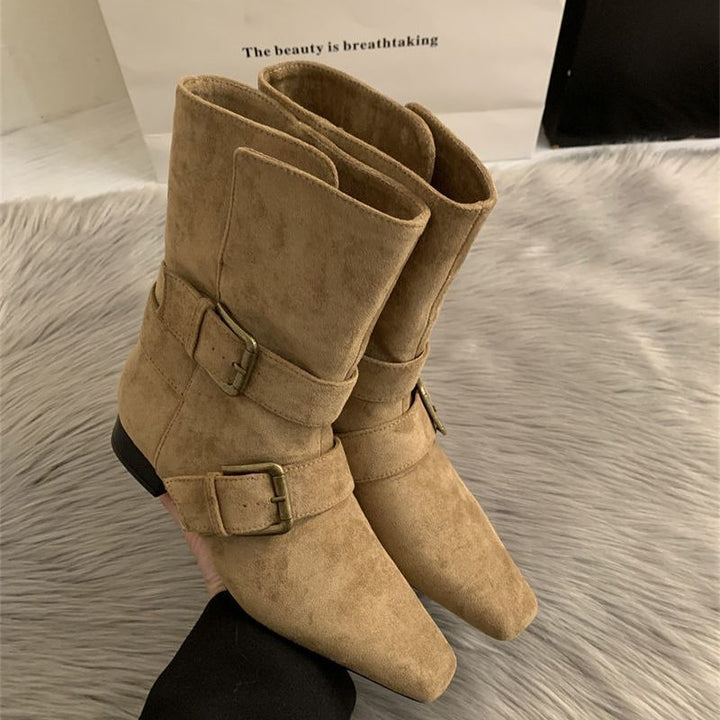 Damen Mittelhohe Wildlederoptik-Stiefelette mit quadratischer Spitze, verstellbaren Schnallenriemen und flachem Blockabsatz Drune
