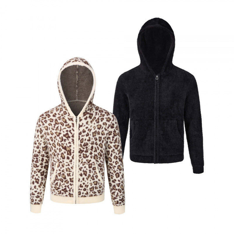 Damen Kapuzen-Fleecejacke aus Teddystoff mit Leopardenmuster und Reißverschluss Drune