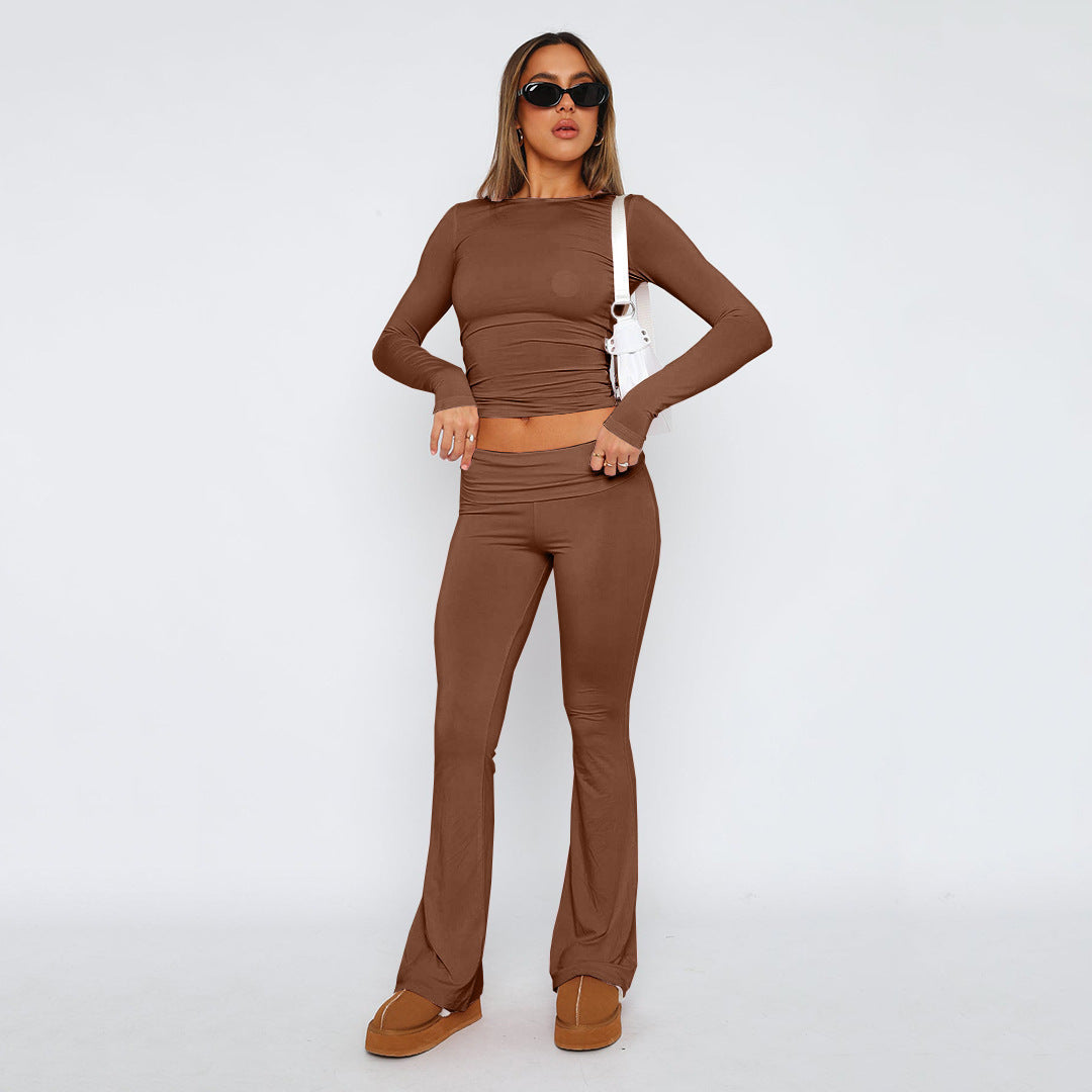 Damen Stretch Lounge Set mit kurzärmligem Oberteil und weit geschnittenen High-Waist-Hosen Drune