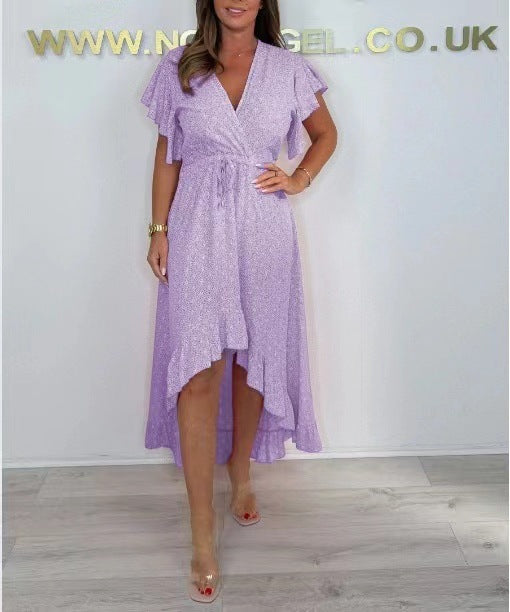 Damen Hoch-Tief Rüschenshirt Wickelkleid Drune