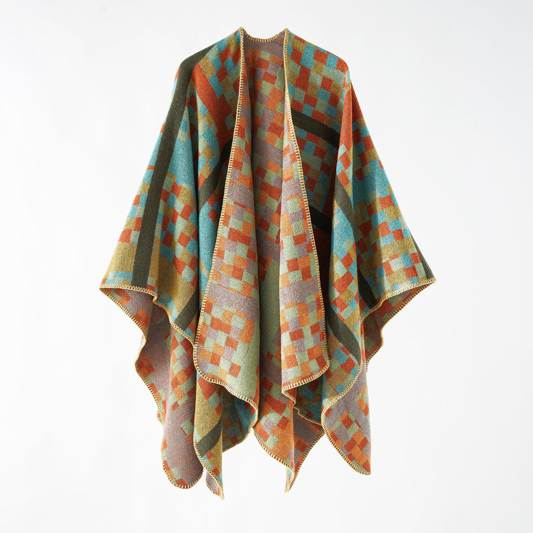 Damen Kastiger Webponcho mit grafischem Jacquard und Kettelkante Drune