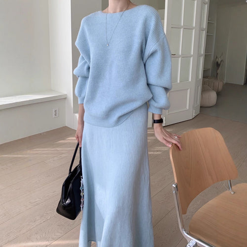Damen Strick-Set aus Oversize-Ripp-Pullover und fließendem Maxirock Drune