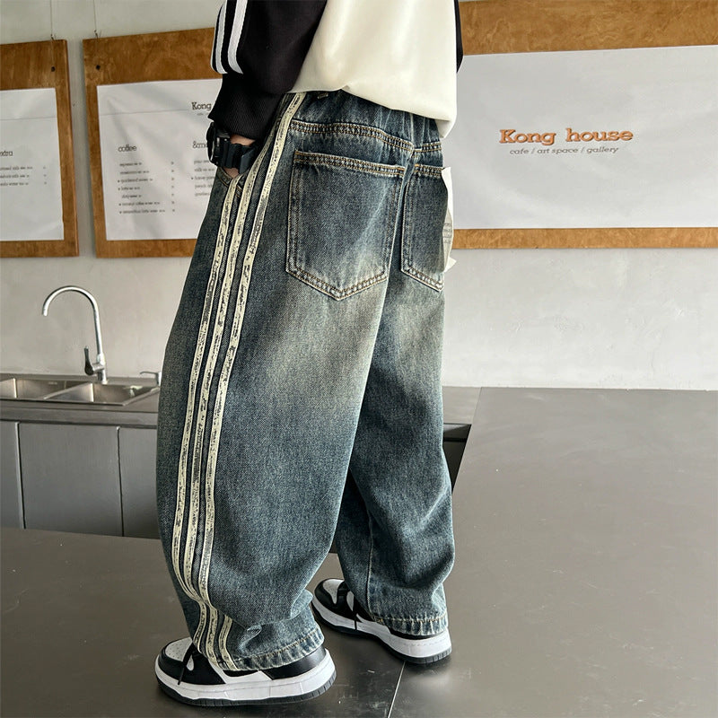 Unisex lässige Baggy-Jeans mit seitlichen Streifen Drune
