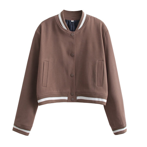 Damen Kurz geschnittene Collegejacke mit Rippbündchen und Druckknöpfen Drune