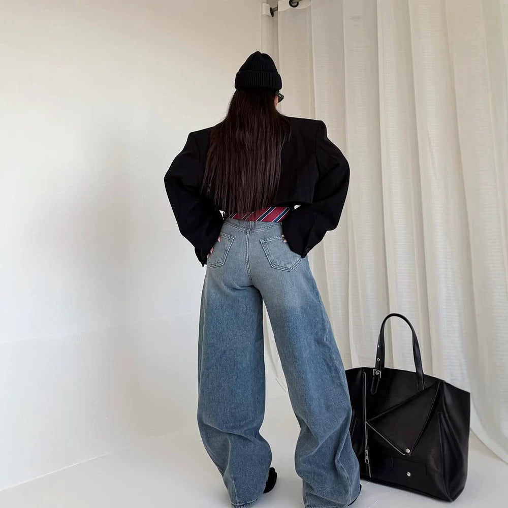 Damen Cropped-Boxy Kurzblazer mit kastiger Silhouette und überlangen Ärmeln Drune