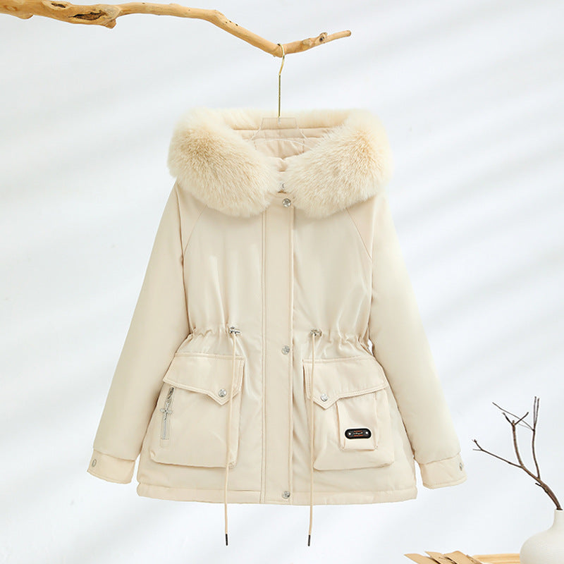 Damen nan kurzer Thermo-Parka mit voluminösem Schalkragen in Webpelzoptik und taillierendem Tunnelzug Drune