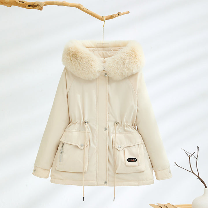 Damen nan kurzer Thermo-Parka mit voluminösem Schalkragen in Webpelzoptik und taillierendem Tunnelzug Drune