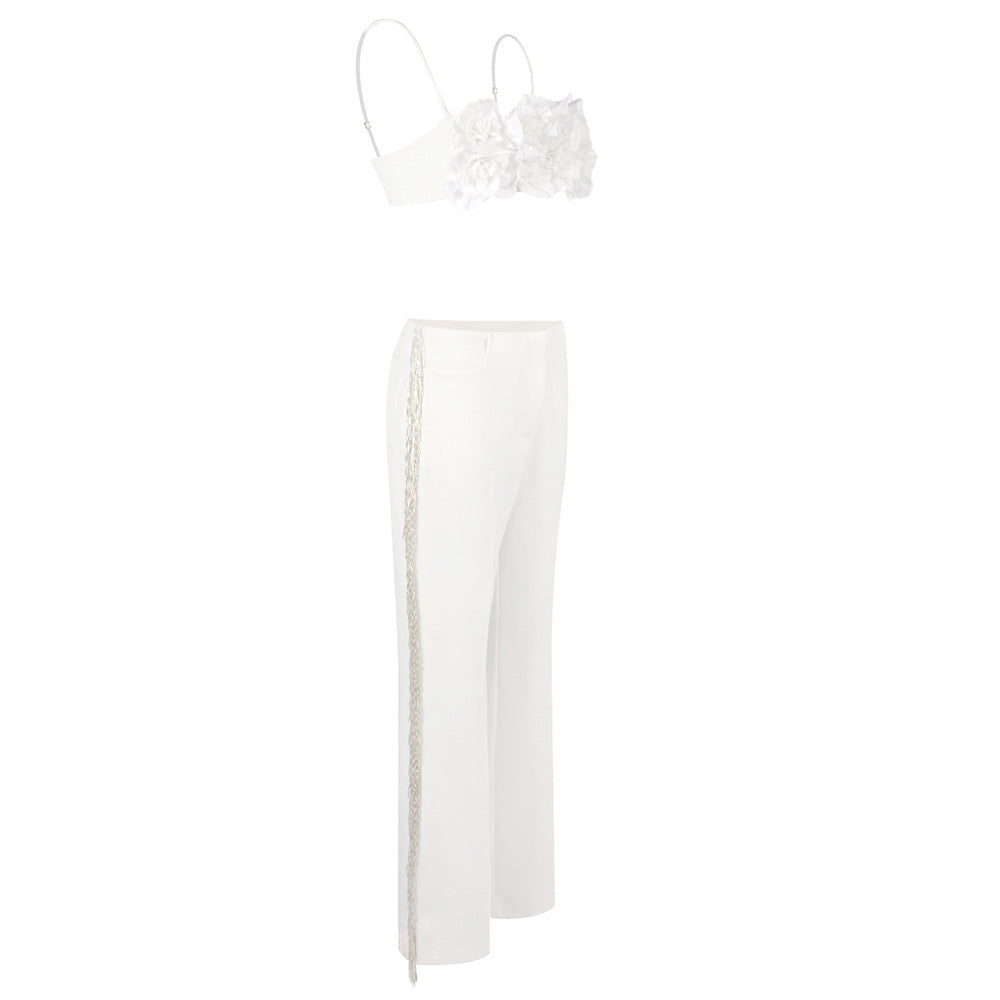 Damen elegantes Oberteil mit floralen Applikationen und schmalem Hosenanzug Drune