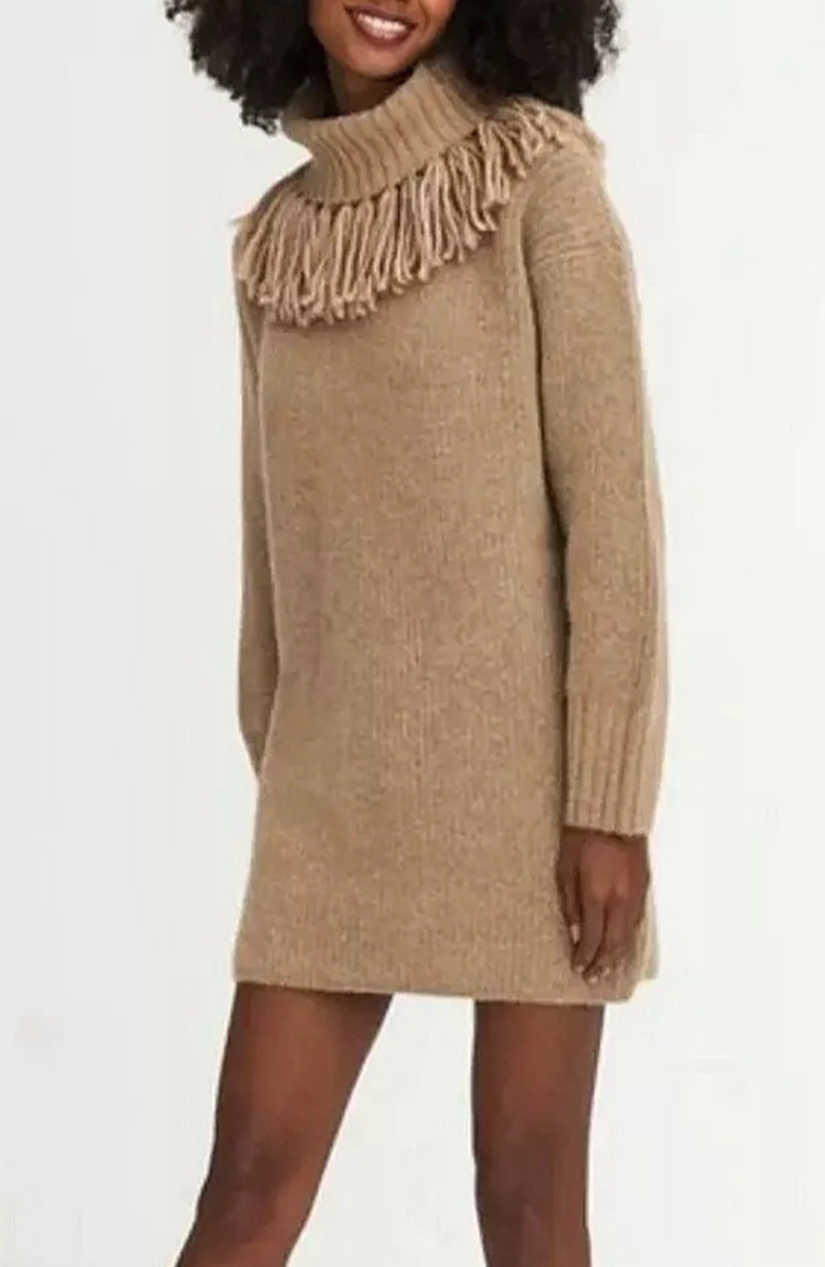Damen Strickkleid mit hohem Rollkragen und modischen Fransen Drune