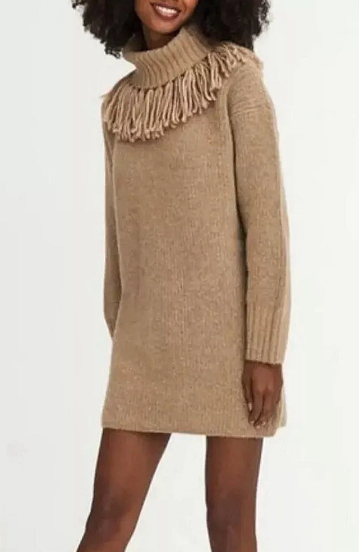 Damen Strickkleid mit hohem Rollkragen und modischen Fransen Drune