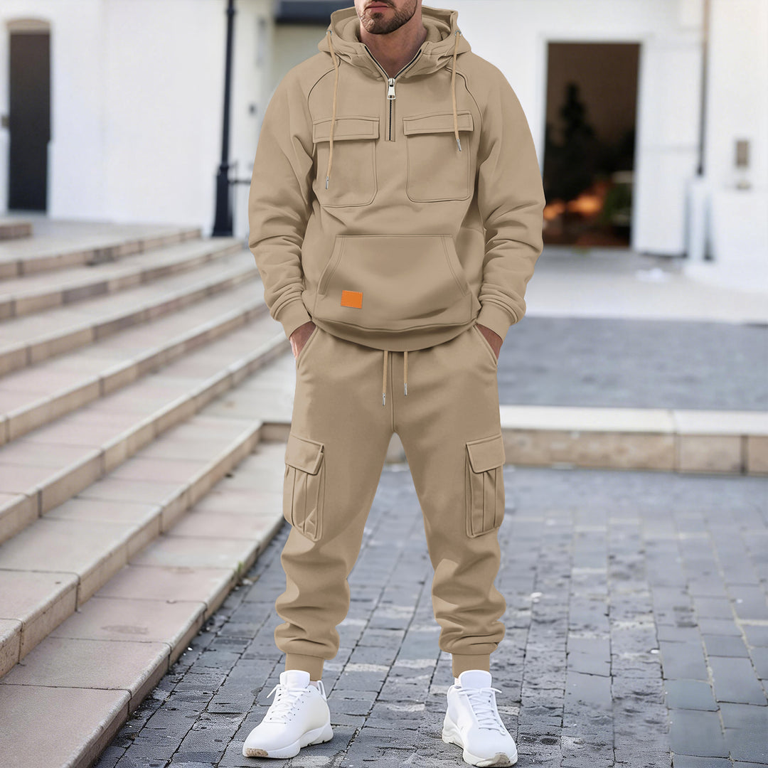 Herren technischer Oversize-Hoodie mit Halbzip, Kapuze, Kängurutasche und aufgesetzten Utility-Taschen Drune