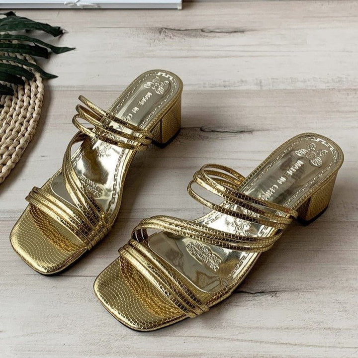 Damen nan elegante Mehrfachriemen-Mule mit mittelhohem Blockabsatz und Schlangenprägung Drune