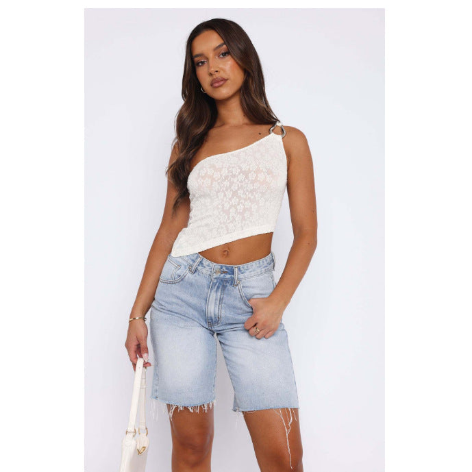 Damen asymmetrisches Spitzenoberteil mit funkelndem Ringdetail Drune