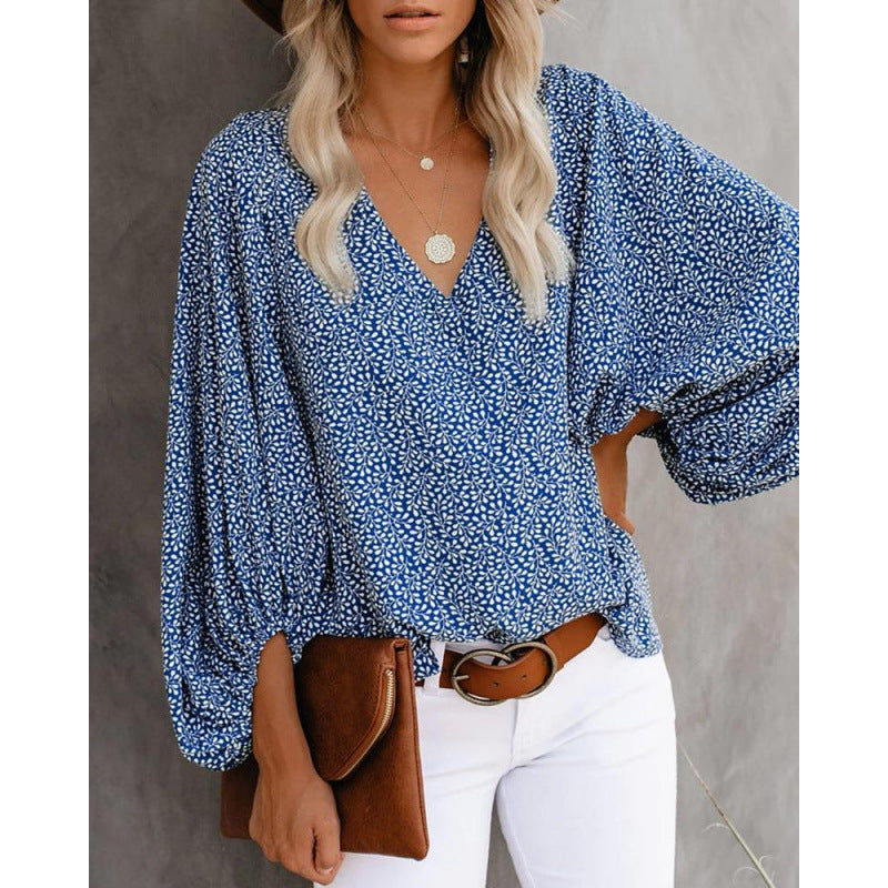 Damen Bluse mit weitem Puffärmel und eleganter V-Ausschnitt Drune
